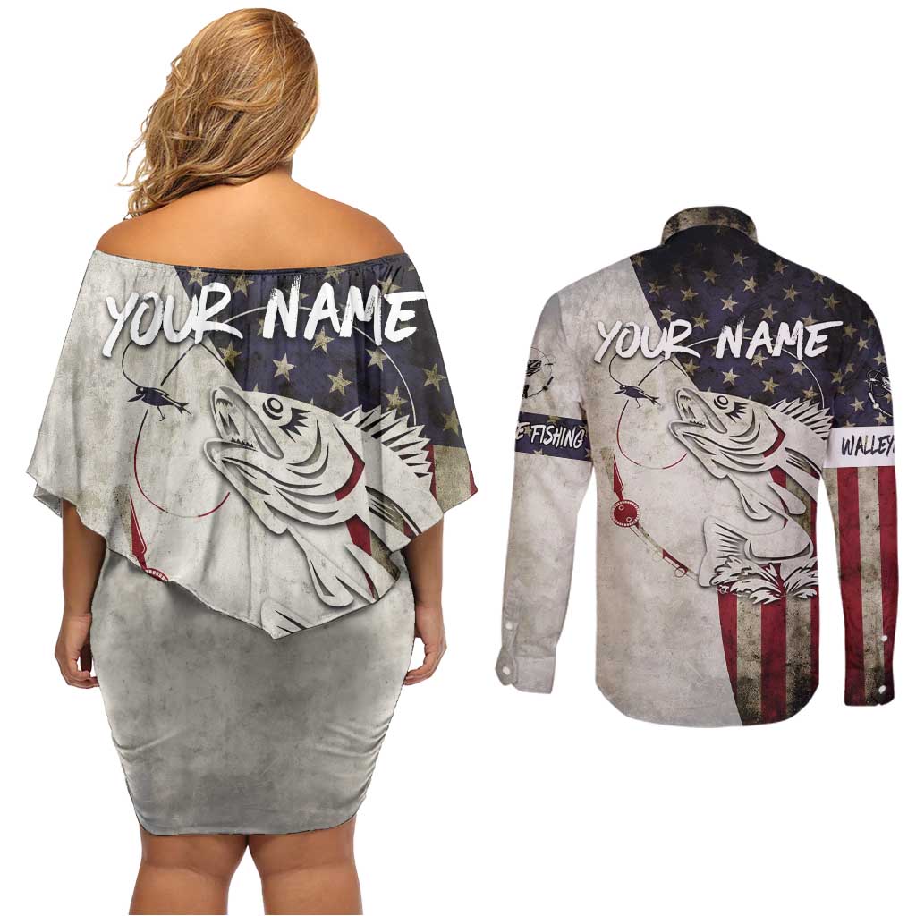 Walleye Fishing Couples Matching Off Shoulder Short Dress and Long Sleeve Button Shirt American Flag Vintage Design and Custom Name Option - Wonder Print Shop