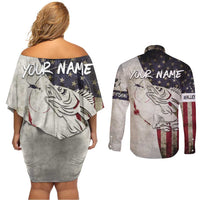 Walleye Fishing Couples Matching Off Shoulder Short Dress and Long Sleeve Button Shirt American Flag Vintage Design and Custom Name Option - Wonder Print Shop