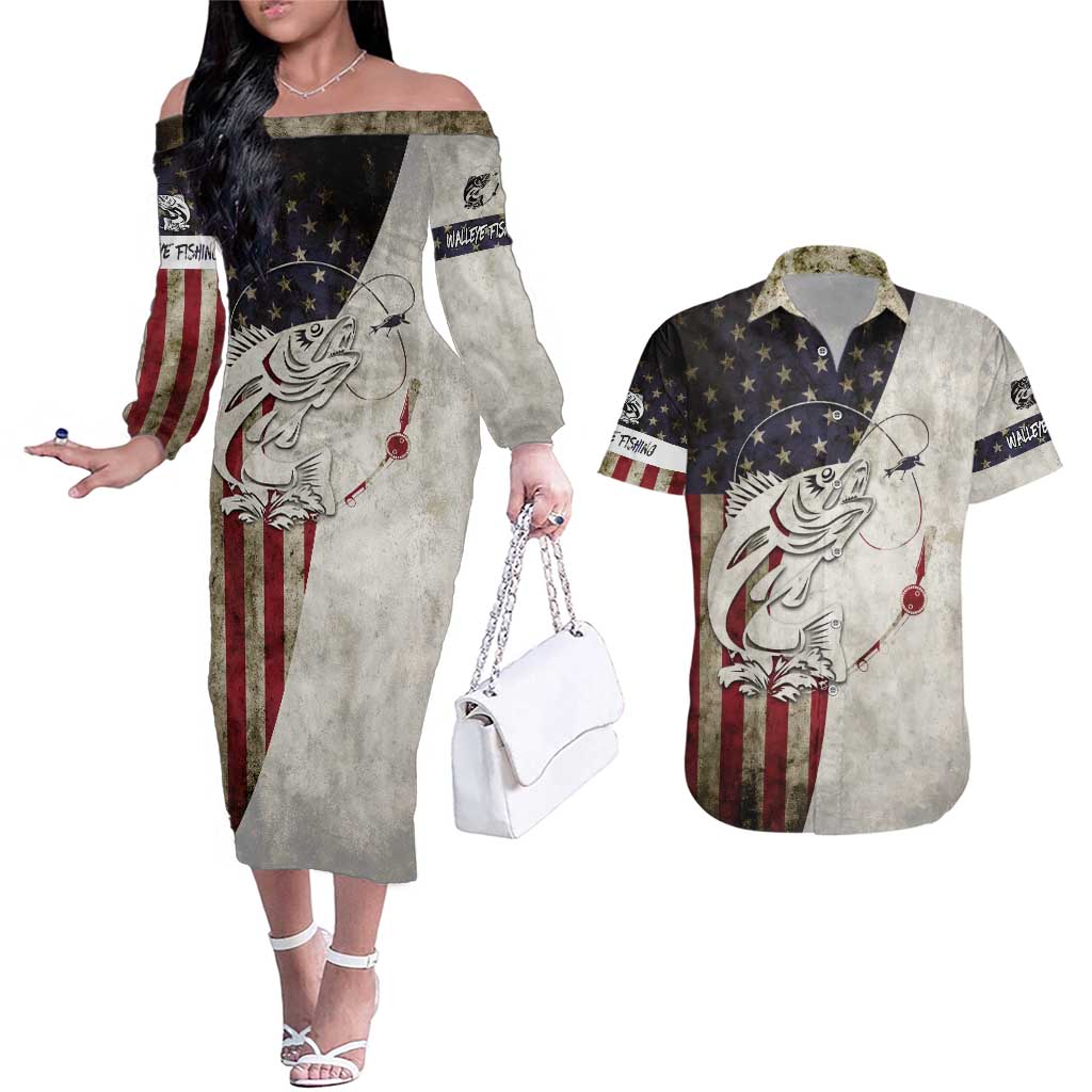 Walleye Fishing Couples Matching Off The Shoulder Long Sleeve Dress and Hawaiian Shirt American Flag Vintage Design and Custom Name Option - Wonder Print Shop