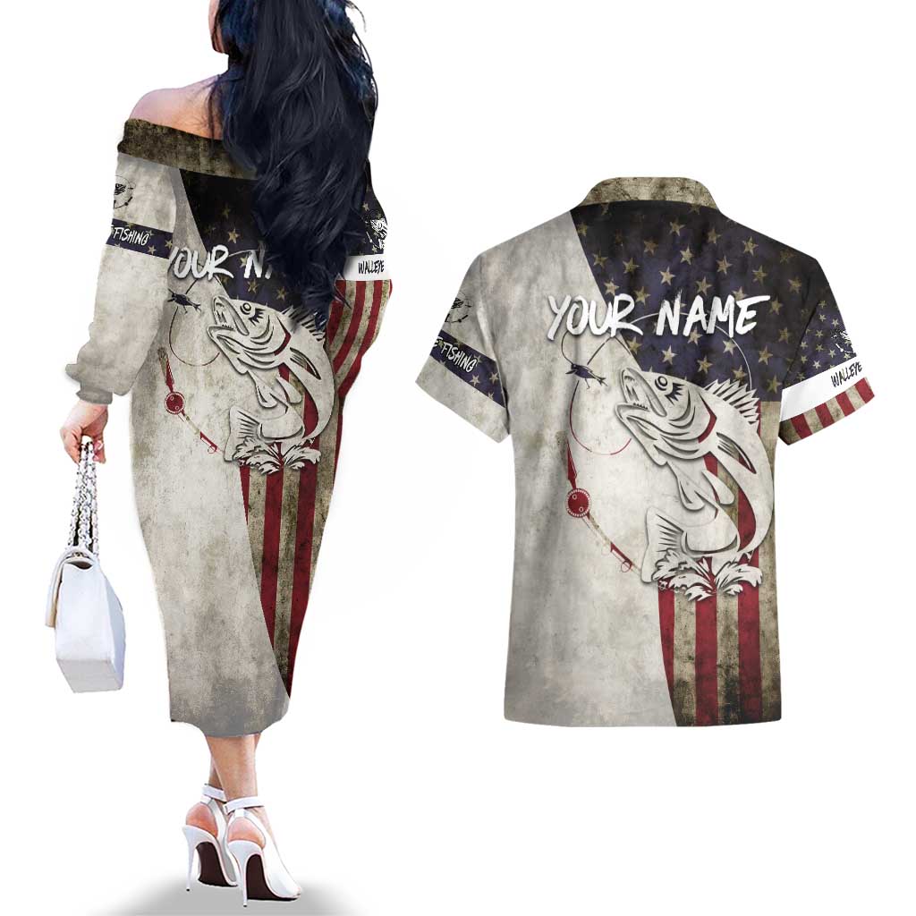 Walleye Fishing Couples Matching Off The Shoulder Long Sleeve Dress and Hawaiian Shirt American Flag Vintage Design and Custom Name Option - Wonder Print Shop