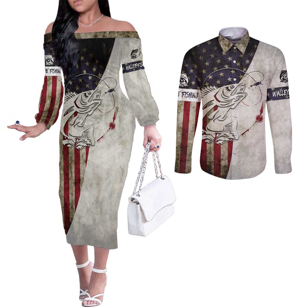 Walleye Fishing Couples Matching Off The Shoulder Long Sleeve Dress and Long Sleeve Button Shirt American Flag Vintage Design and Custom Name Option - Wonder Print Shop