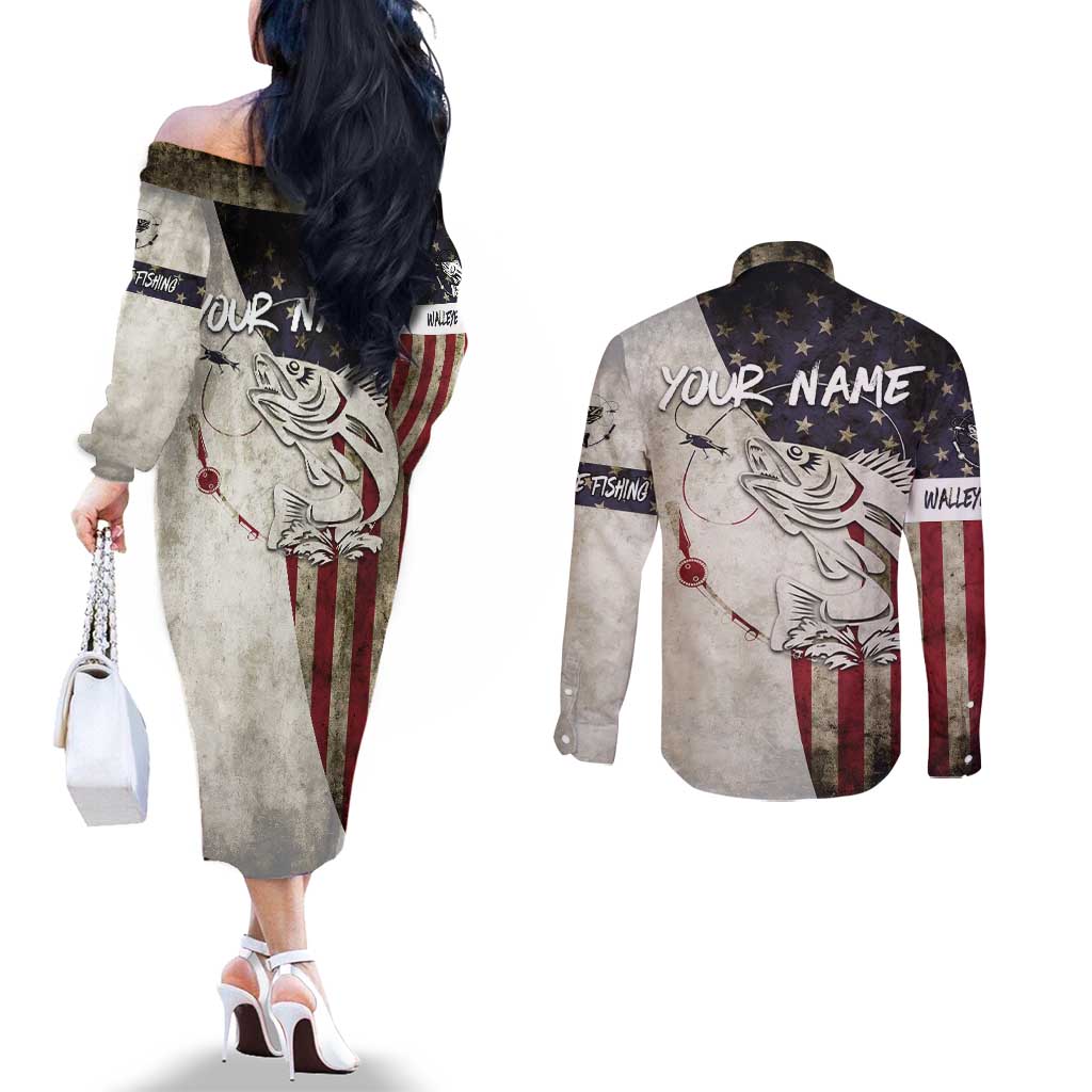 Walleye Fishing Couples Matching Off The Shoulder Long Sleeve Dress and Long Sleeve Button Shirt American Flag Vintage Design and Custom Name Option - Wonder Print Shop