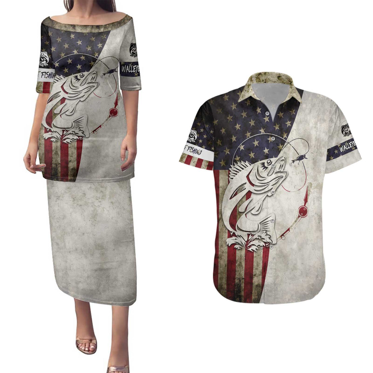 Walleye Fishing Couples Matching Puletasi and Hawaiian Shirt American Flag Vintage Design and Custom Name Option - Wonder Print Shop