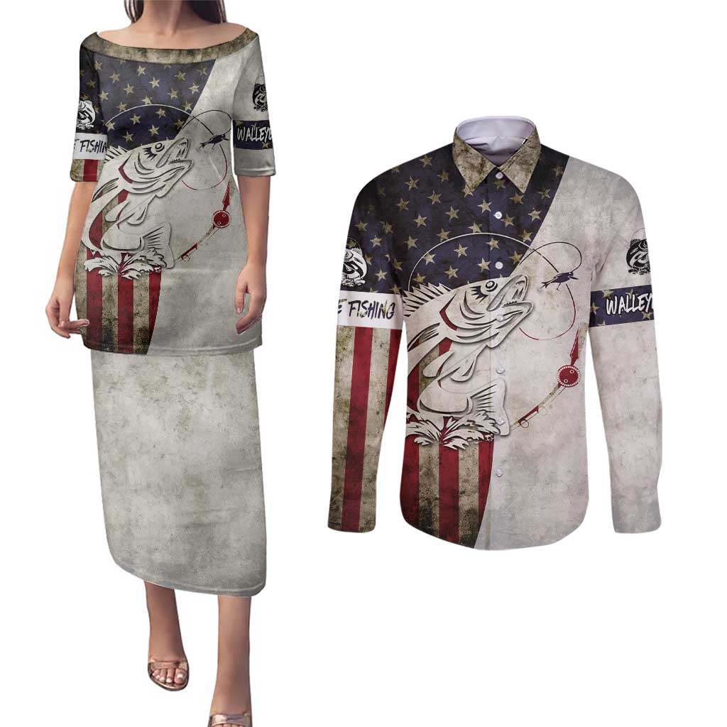 Walleye Fishing Couples Matching Puletasi and Long Sleeve Button Shirt American Flag Vintage Design and Custom Name Option - Wonder Print Shop