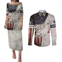 Walleye Fishing Couples Matching Puletasi and Long Sleeve Button Shirt American Flag Vintage Design and Custom Name Option - Wonder Print Shop