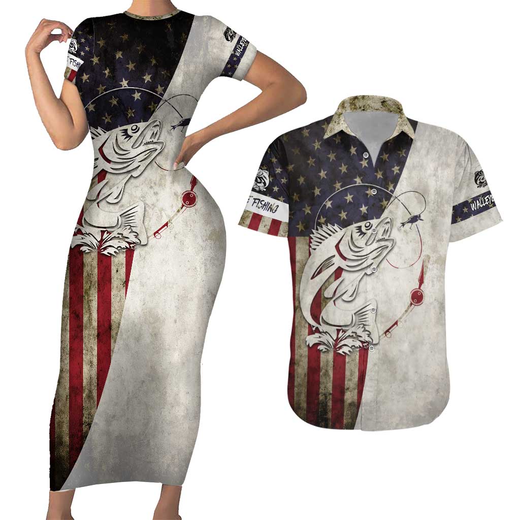 Walleye Fishing Couples Matching Short Sleeve Bodycon Dress and Hawaiian Shirt American Flag Vintage Design and Custom Name Option - Wonder Print Shop