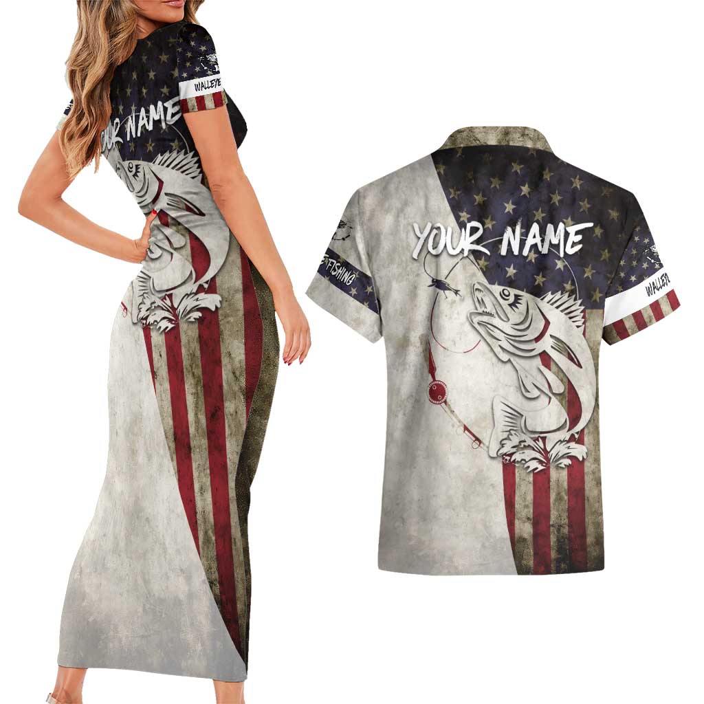 Walleye Fishing Couples Matching Short Sleeve Bodycon Dress and Hawaiian Shirt American Flag Vintage Design and Custom Name Option - Wonder Print Shop