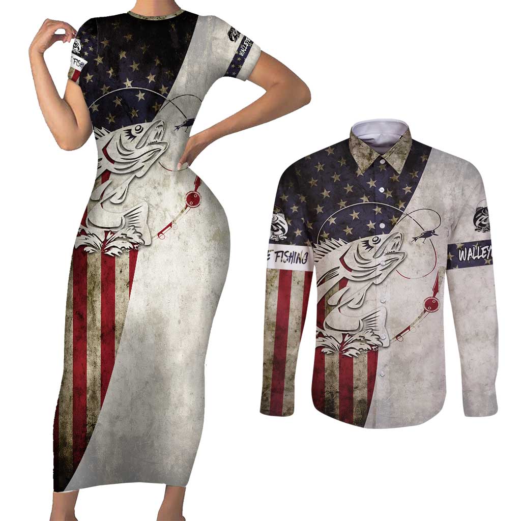 Walleye Fishing Couples Matching Short Sleeve Bodycon Dress and Long Sleeve Button Shirt American Flag Vintage Design and Custom Name Option - Wonder Print Shop