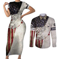 Walleye Fishing Couples Matching Short Sleeve Bodycon Dress and Long Sleeve Button Shirt American Flag Vintage Design and Custom Name Option - Wonder Print Shop