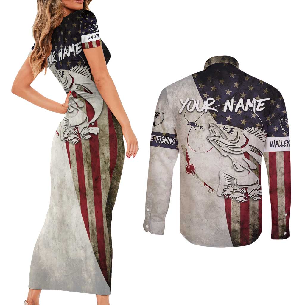 Walleye Fishing Couples Matching Short Sleeve Bodycon Dress and Long Sleeve Button Shirt American Flag Vintage Design and Custom Name Option - Wonder Print Shop