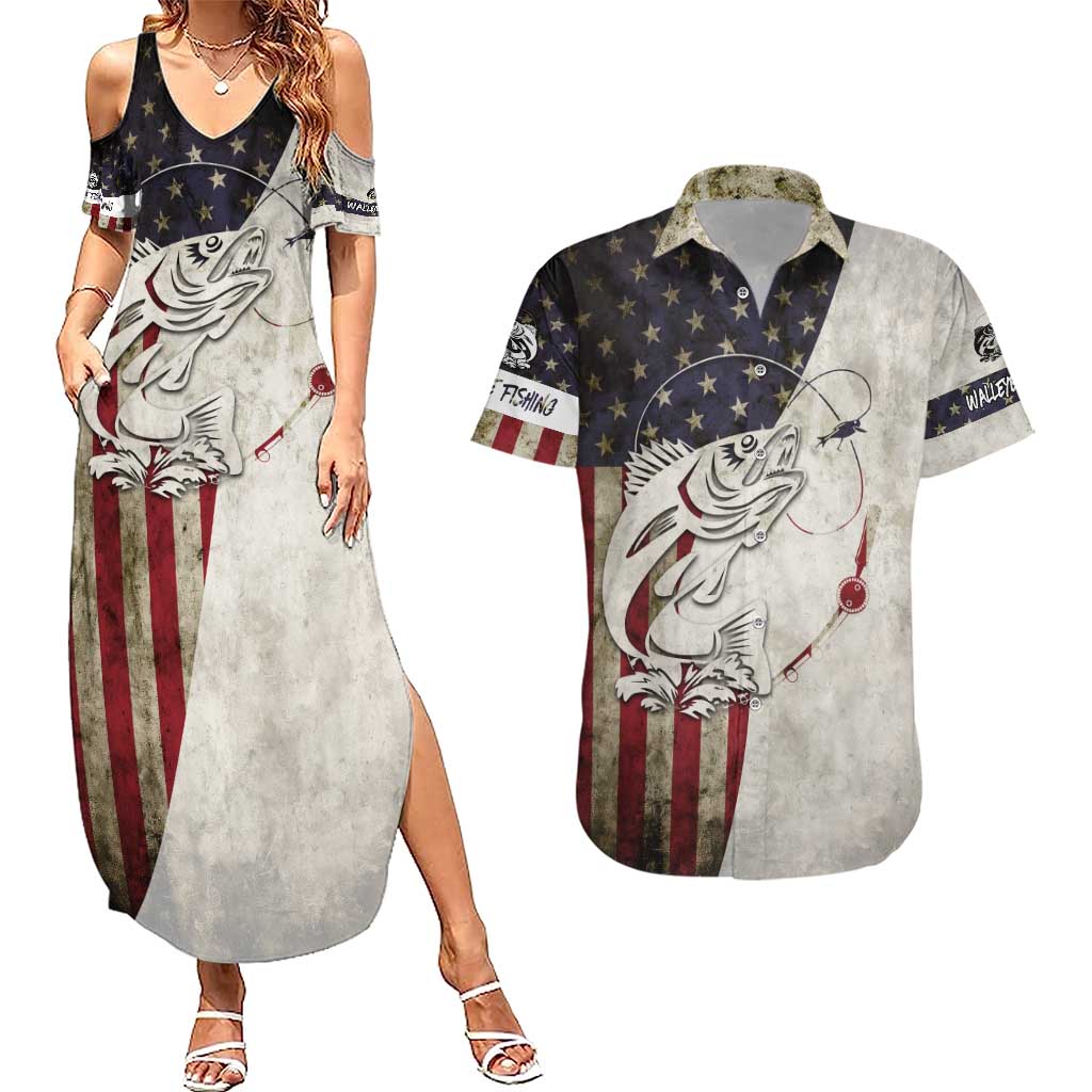 Walleye Fishing Couples Matching Summer Maxi Dress and Hawaiian Shirt American Flag Vintage Design and Custom Name Option - Wonder Print Shop