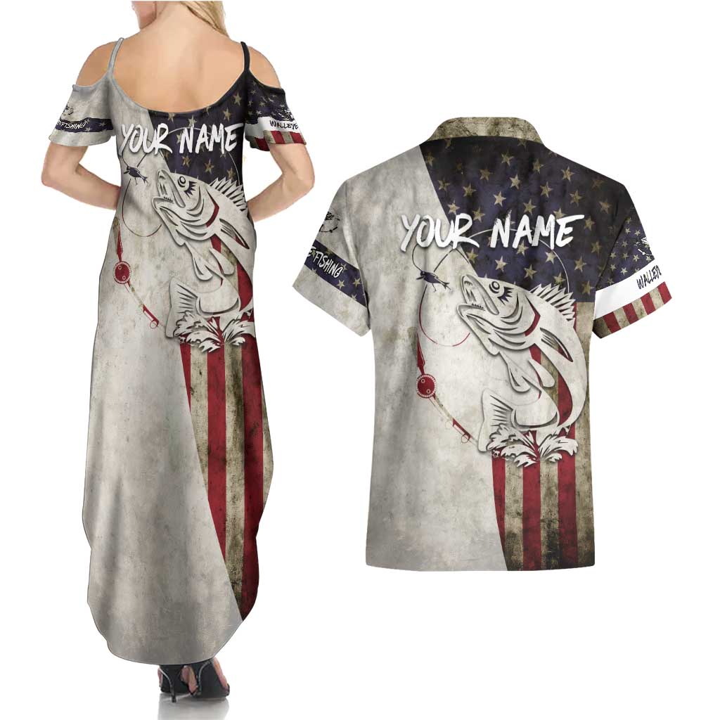 Walleye Fishing Couples Matching Summer Maxi Dress and Hawaiian Shirt American Flag Vintage Design and Custom Name Option - Wonder Print Shop
