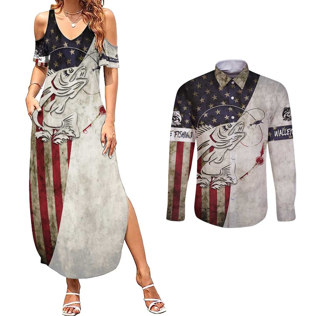 Walleye Fishing Couples Matching Summer Maxi Dress and Long Sleeve Button Shirt American Flag Vintage Design and Custom Name Option - Wonder Print Shop
