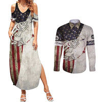 Walleye Fishing Couples Matching Summer Maxi Dress and Long Sleeve Button Shirt American Flag Vintage Design and Custom Name Option - Wonder Print Shop