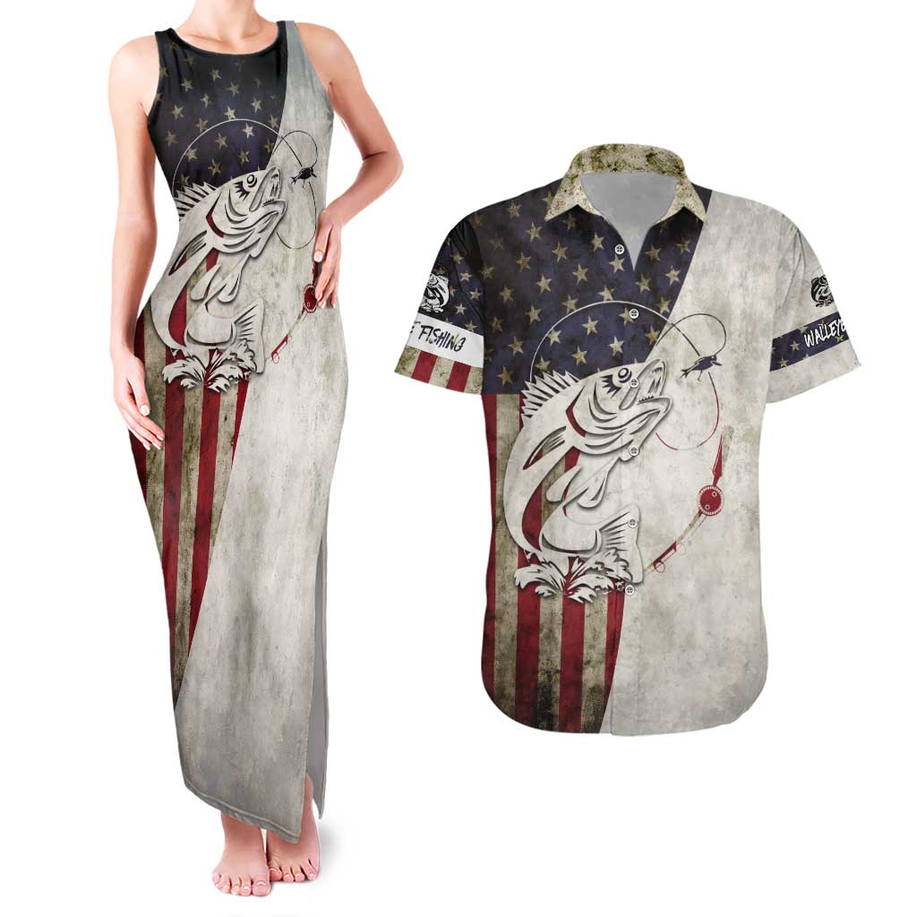 Walleye Fishing Couples Matching Tank Maxi Dress and Hawaiian Shirt American Flag Vintage Design and Custom Name Option - Wonder Print Shop
