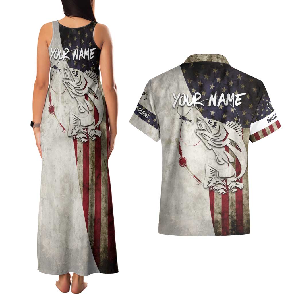 Walleye Fishing Couples Matching Tank Maxi Dress and Hawaiian Shirt American Flag Vintage Design and Custom Name Option - Wonder Print Shop