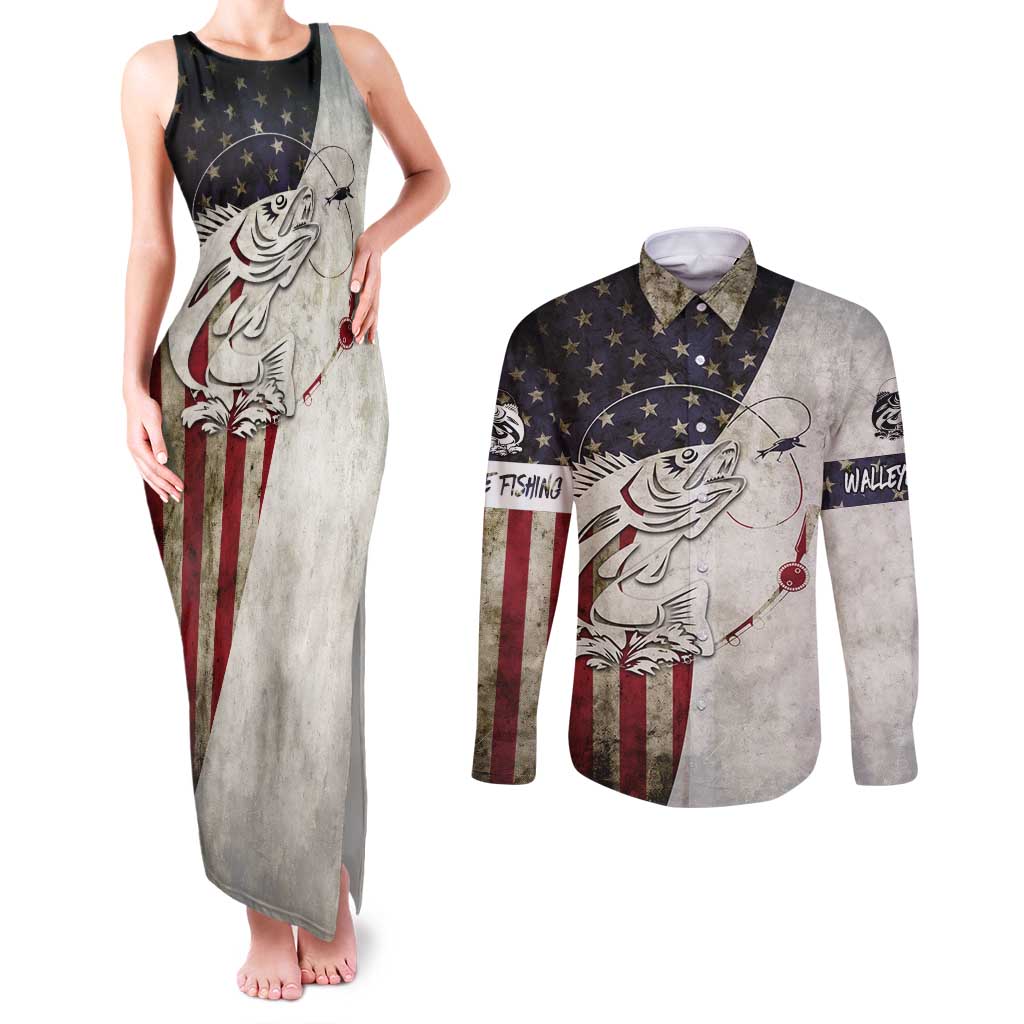 Walleye Fishing Couples Matching Tank Maxi Dress and Long Sleeve Button Shirt American Flag Vintage Design and Custom Name Option - Wonder Print Shop