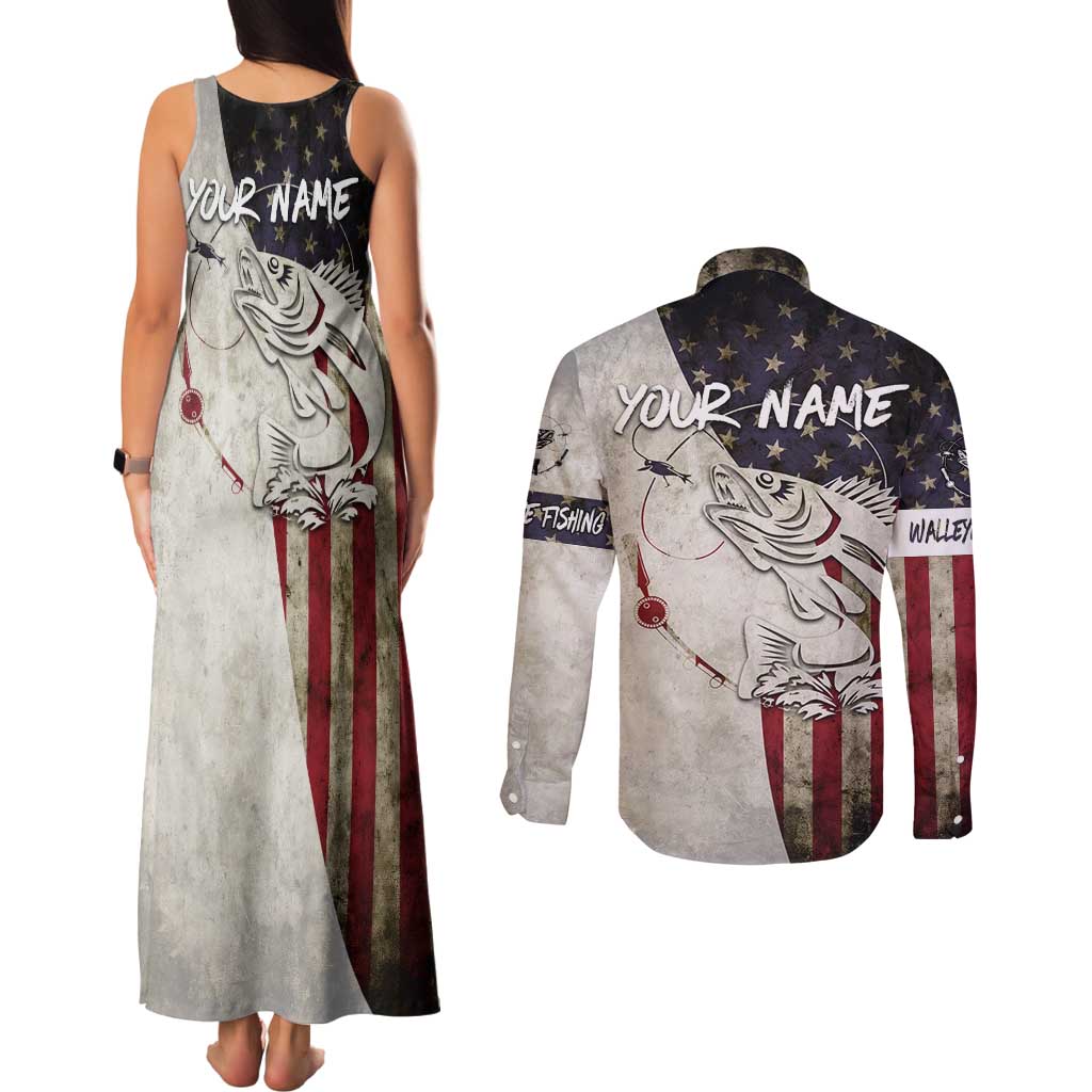 Walleye Fishing Couples Matching Tank Maxi Dress and Long Sleeve Button Shirt American Flag Vintage Design and Custom Name Option - Wonder Print Shop