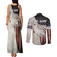 Walleye Fishing Couples Matching Tank Maxi Dress and Long Sleeve Button Shirt American Flag Vintage Design and Custom Name Option - Wonder Print Shop