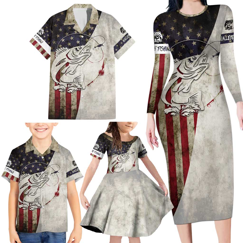 Walleye Fishing Family Matching Long Sleeve Bodycon Dress and Hawaiian Shirt American Flag Vintage Design and Custom Name Option - Wonder Print Shop