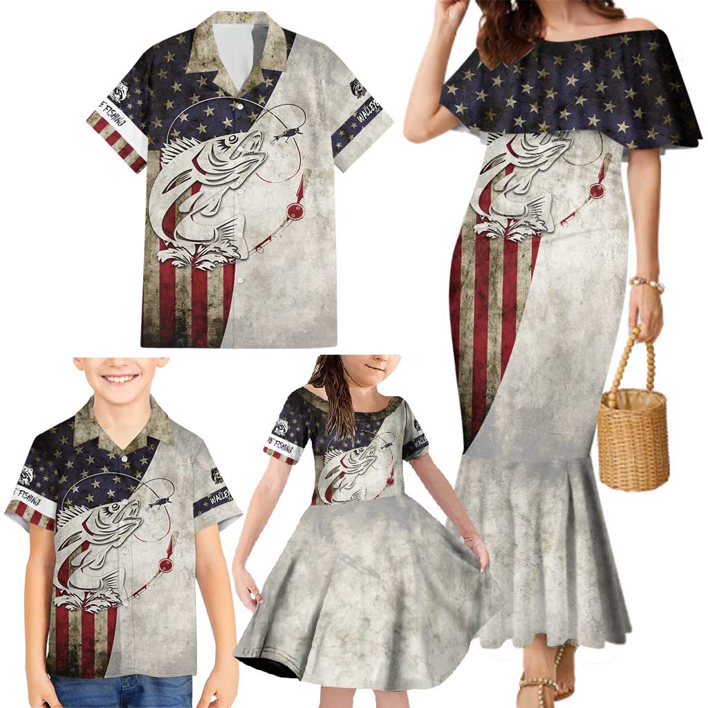 Walleye Fishing Family Matching Mermaid Dress and Hawaiian Shirt American Flag Vintage Design and Custom Name Option - Wonder Print Shop