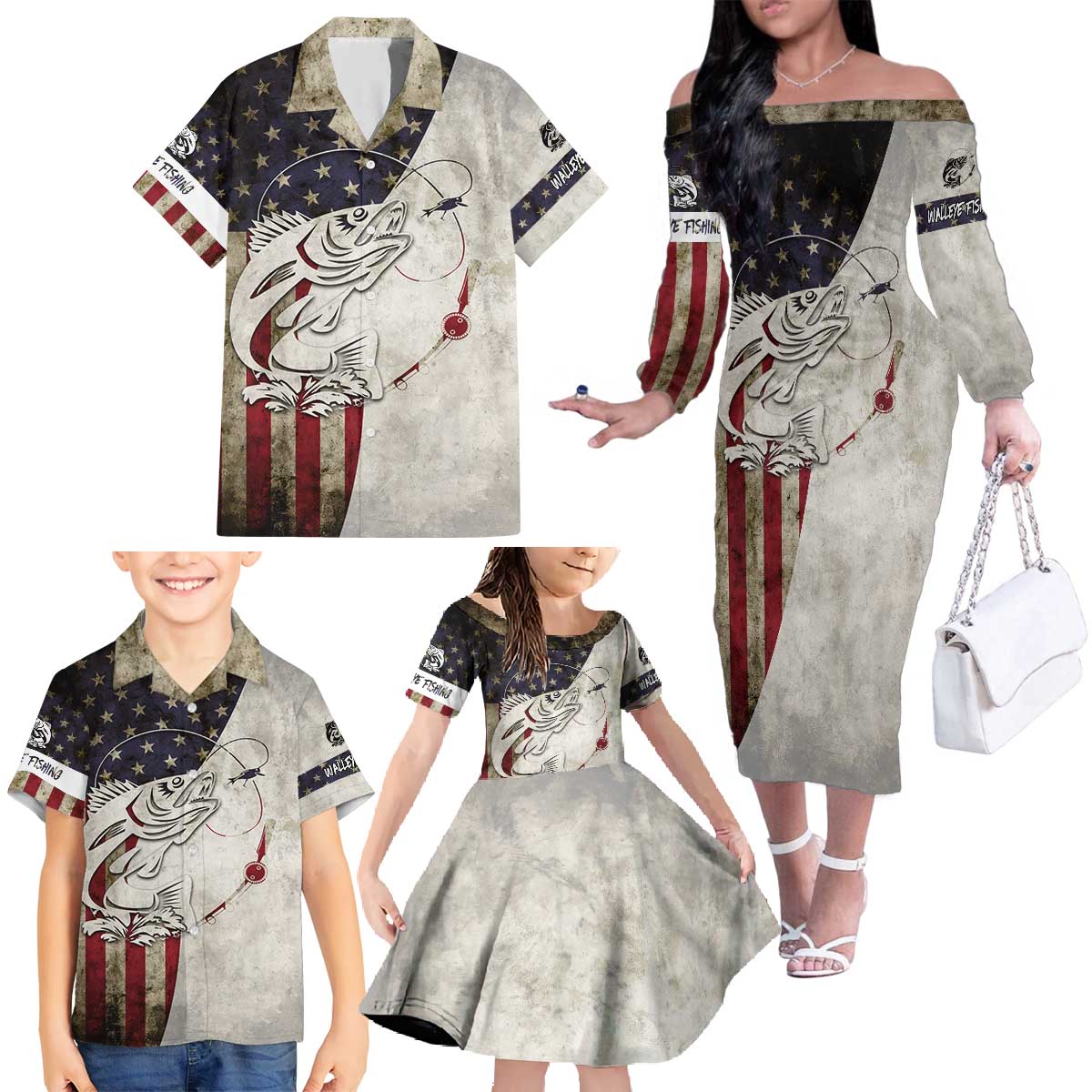 Walleye Fishing Family Matching Off The Shoulder Long Sleeve Dress and Hawaiian Shirt American Flag Vintage Design and Custom Name Option - Wonder Print Shop