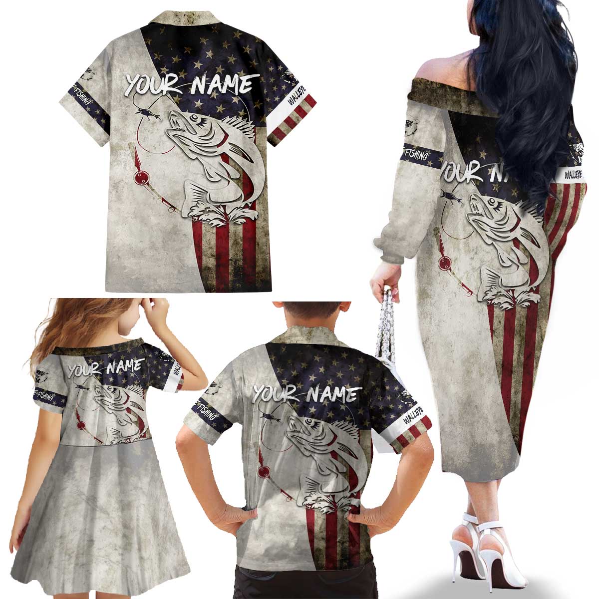 Walleye Fishing Family Matching Off The Shoulder Long Sleeve Dress and Hawaiian Shirt American Flag Vintage Design and Custom Name Option - Wonder Print Shop