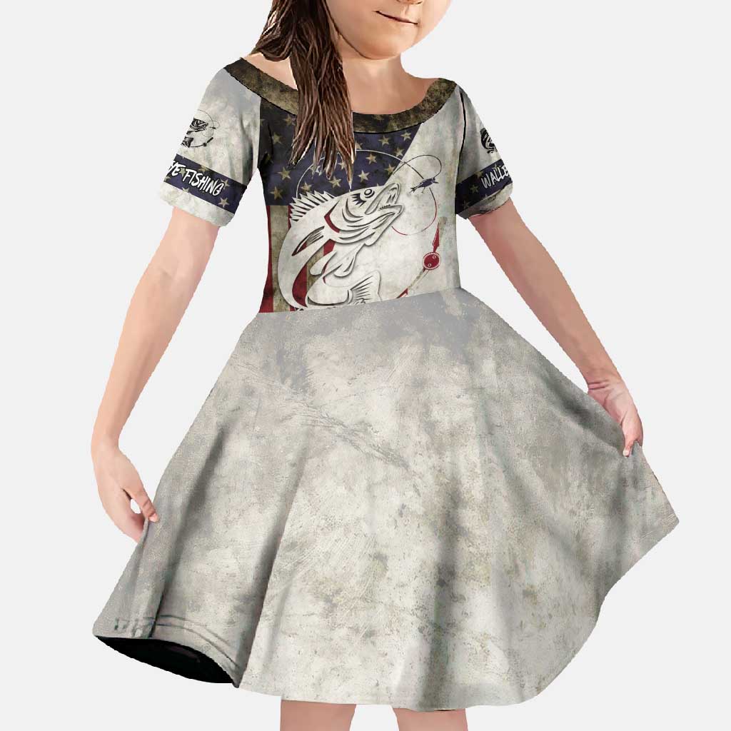 Walleye Fishing Family Matching Off Shoulder Maxi Dress and Hawaiian Shirt American Flag Vintage Design and Custom Name Option - Wonder Print Shop