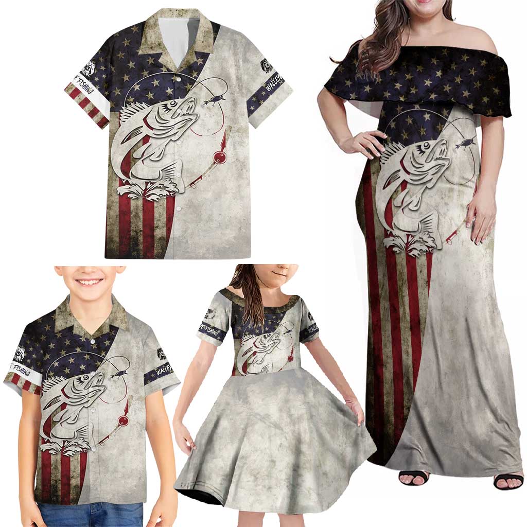 Walleye Fishing Family Matching Off Shoulder Maxi Dress and Hawaiian Shirt American Flag Vintage Design and Custom Name Option - Wonder Print Shop