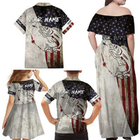 Walleye Fishing Family Matching Off Shoulder Maxi Dress and Hawaiian Shirt American Flag Vintage Design and Custom Name Option - Wonder Print Shop