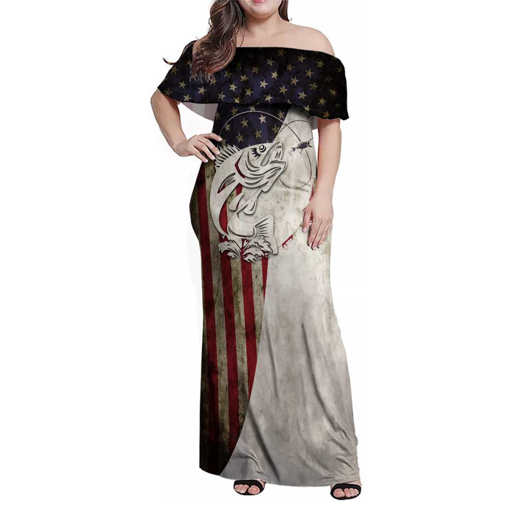 Walleye Fishing Family Matching Off Shoulder Maxi Dress and Hawaiian Shirt American Flag Vintage Design and Custom Name Option - Wonder Print Shop