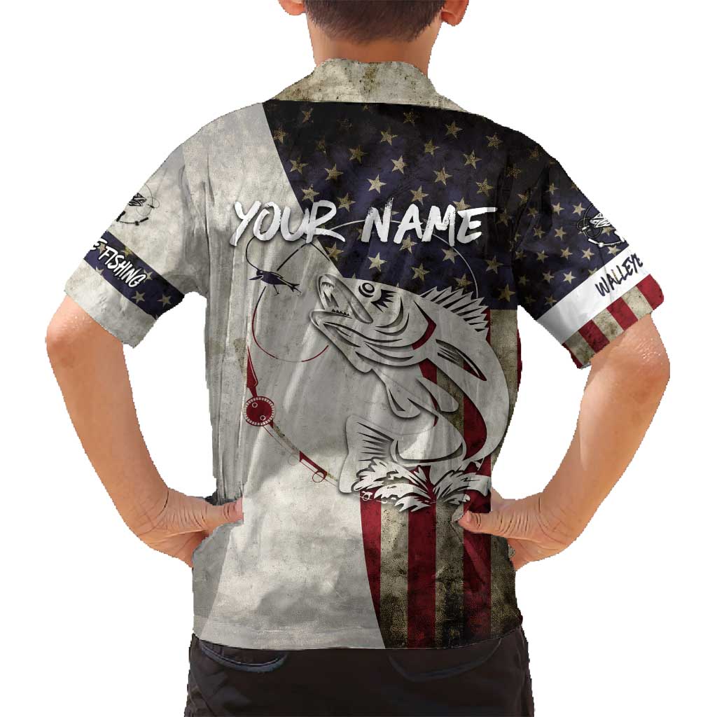 Walleye Fishing Family Matching Off Shoulder Short Dress and Hawaiian Shirt American Flag Vintage Design and Custom Name Option - Wonder Print Shop