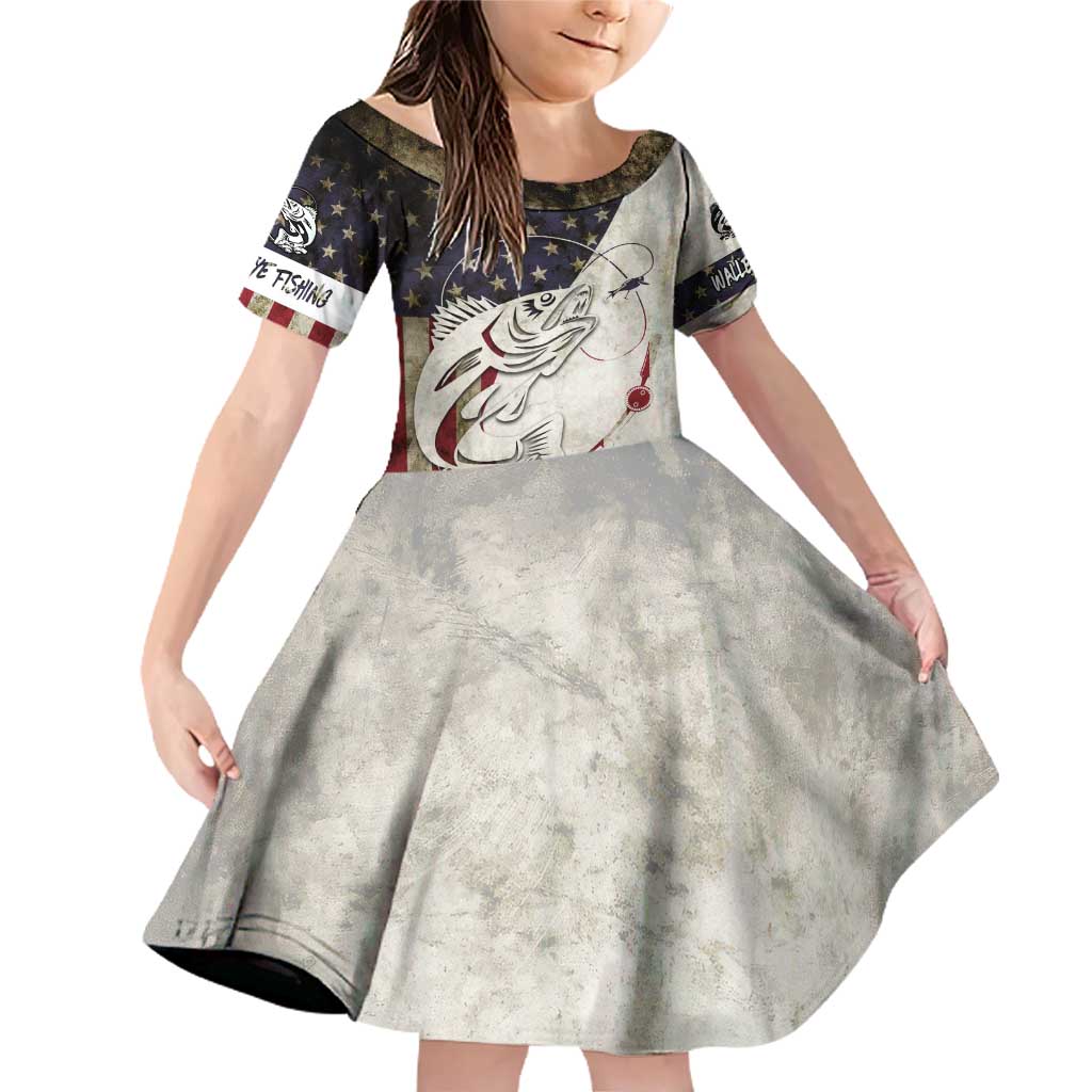 Walleye Fishing Family Matching Off Shoulder Short Dress and Hawaiian Shirt American Flag Vintage Design and Custom Name Option - Wonder Print Shop