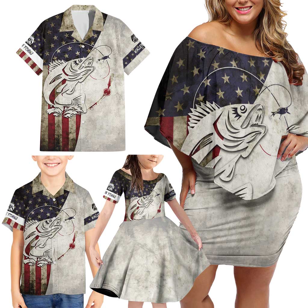 Walleye Fishing Family Matching Off Shoulder Short Dress and Hawaiian Shirt American Flag Vintage Design and Custom Name Option - Wonder Print Shop