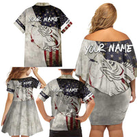 Walleye Fishing Family Matching Off Shoulder Short Dress and Hawaiian Shirt American Flag Vintage Design and Custom Name Option - Wonder Print Shop