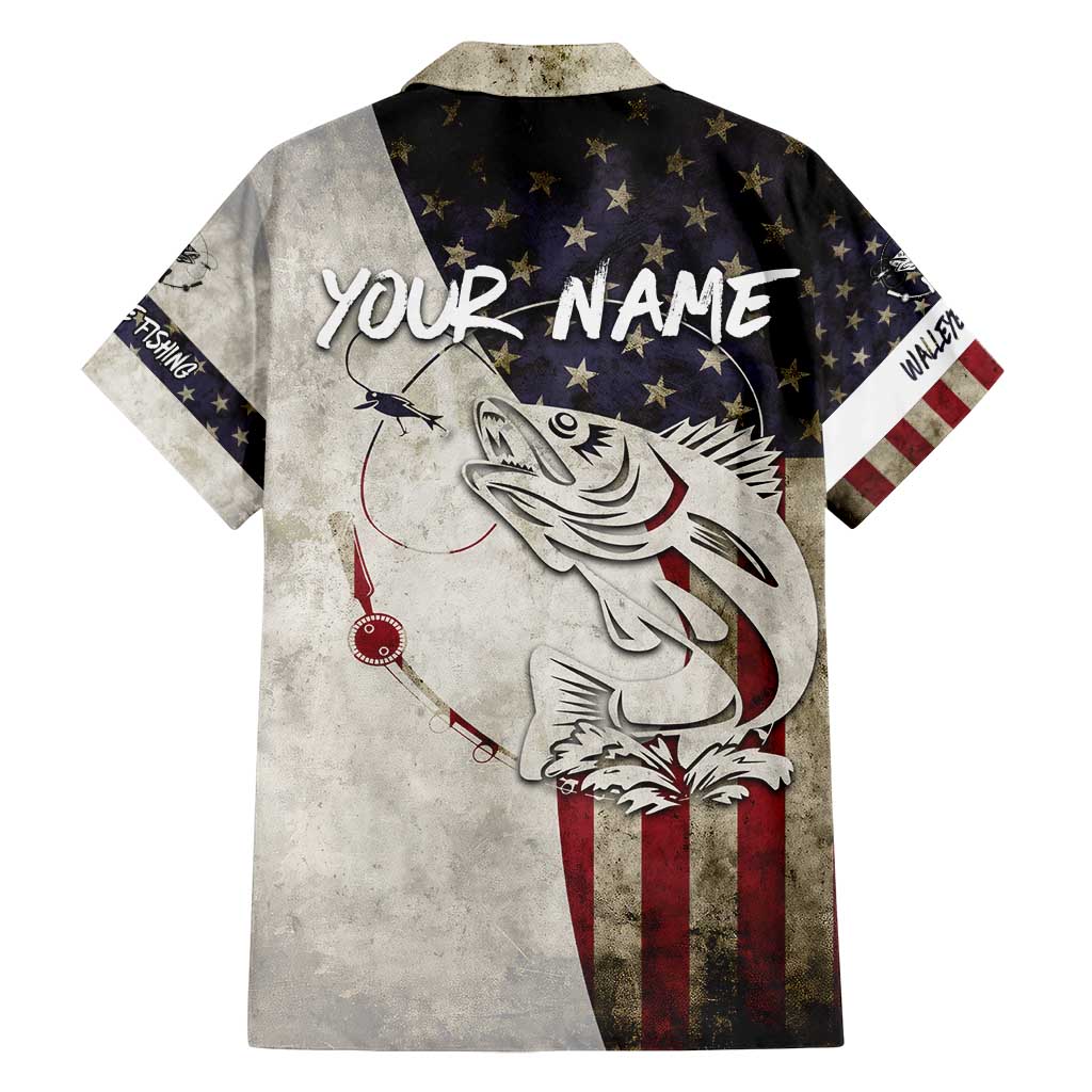 Walleye Fishing Family Matching Off Shoulder Short Dress and Hawaiian Shirt American Flag Vintage Design and Custom Name Option - Wonder Print Shop