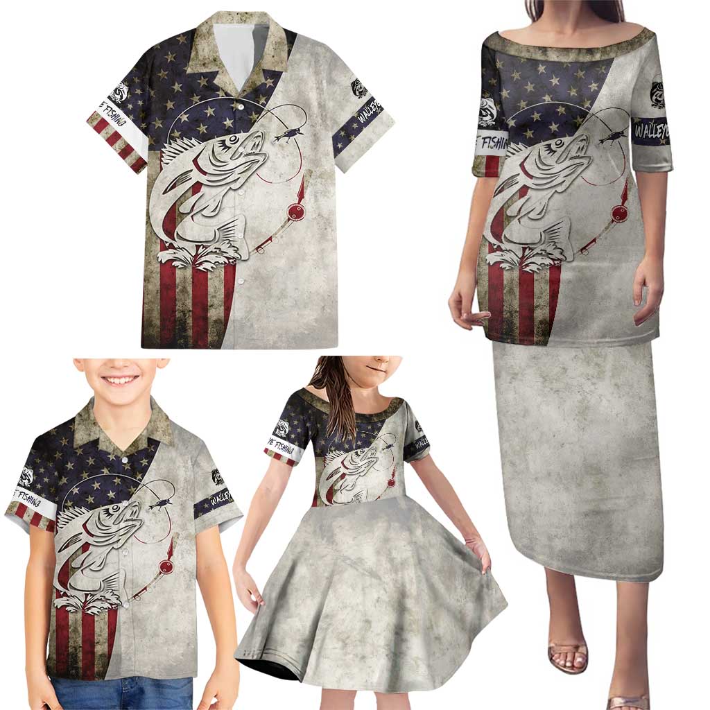 Walleye Fishing Family Matching Puletasi and Hawaiian Shirt American Flag Vintage Design and Custom Name Option - Wonder Print Shop