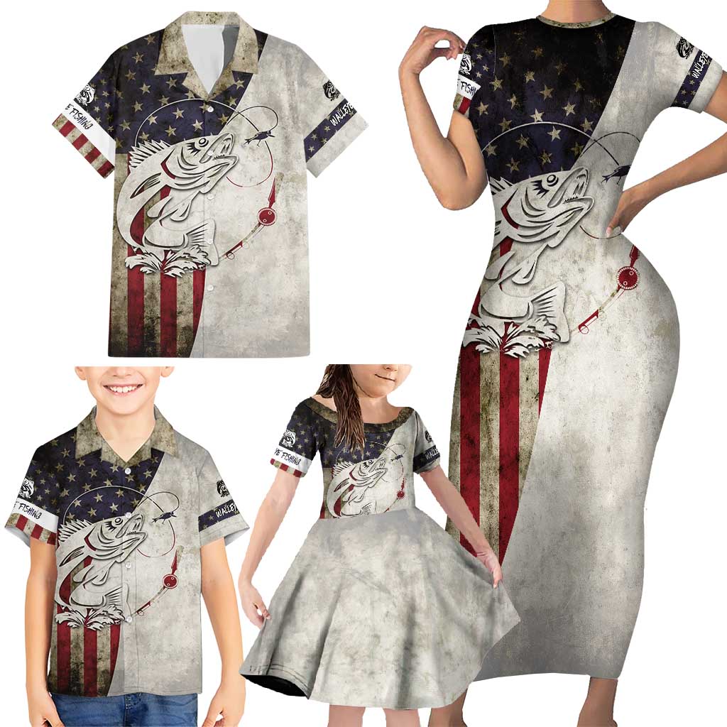 Walleye Fishing Family Matching Short Sleeve Bodycon Dress and Hawaiian Shirt American Flag Vintage Design and Custom Name Option - Wonder Print Shop