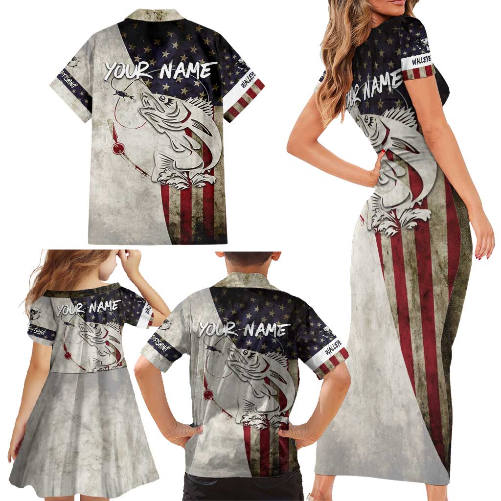 Walleye Fishing Family Matching Short Sleeve Bodycon Dress and Hawaiian Shirt American Flag Vintage Design and Custom Name Option - Wonder Print Shop