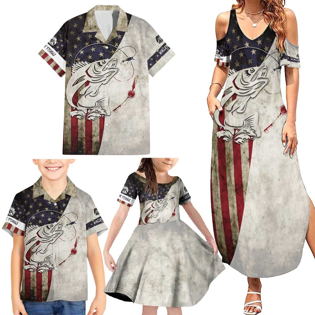 Walleye Fishing Family Matching Summer Maxi Dress and Hawaiian Shirt American Flag Vintage Design and Custom Name Option - Wonder Print Shop