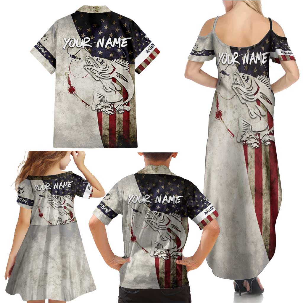Walleye Fishing Family Matching Summer Maxi Dress and Hawaiian Shirt American Flag Vintage Design and Custom Name Option - Wonder Print Shop