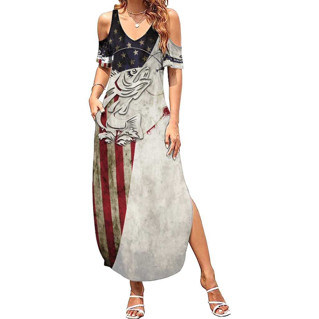 Walleye Fishing Family Matching Summer Maxi Dress and Hawaiian Shirt American Flag Vintage Design and Custom Name Option - Wonder Print Shop