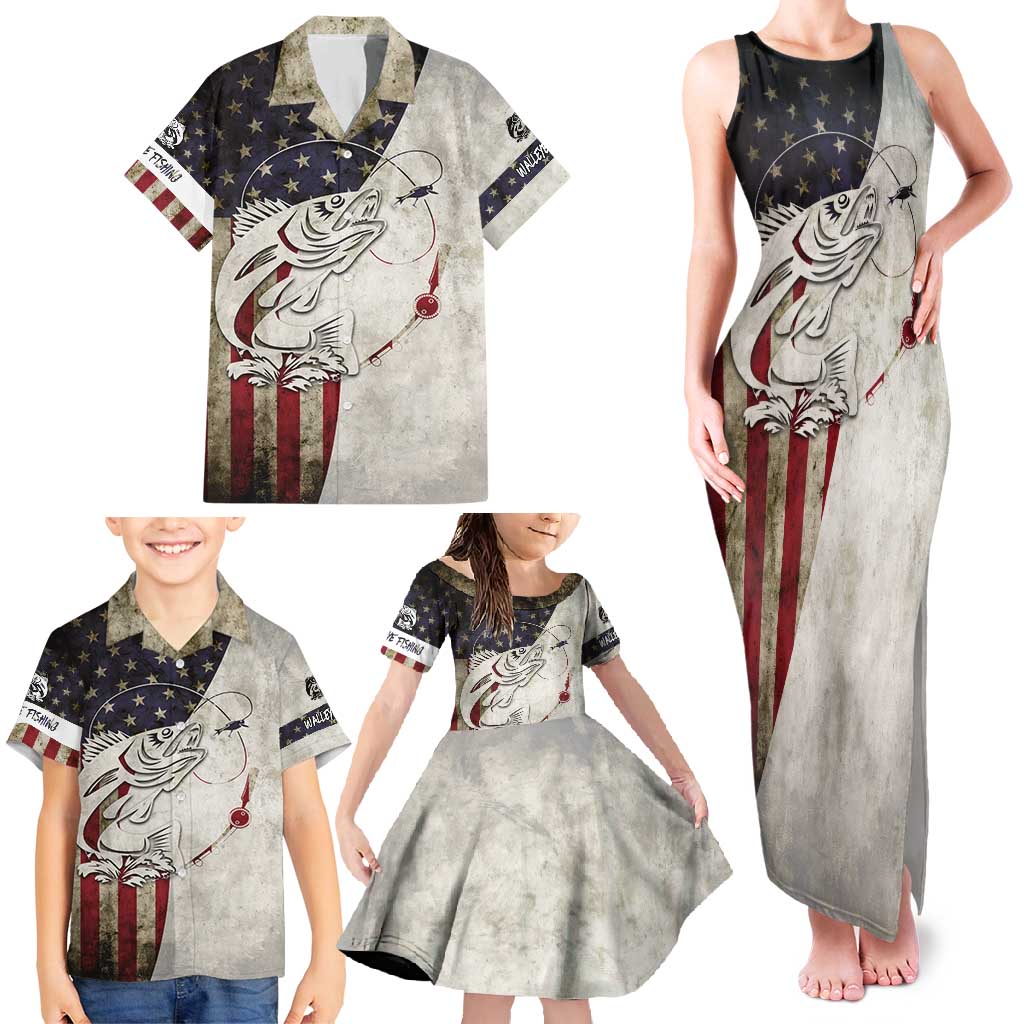 Walleye Fishing Family Matching Tank Maxi Dress and Hawaiian Shirt American Flag Vintage Design and Custom Name Option - Wonder Print Shop