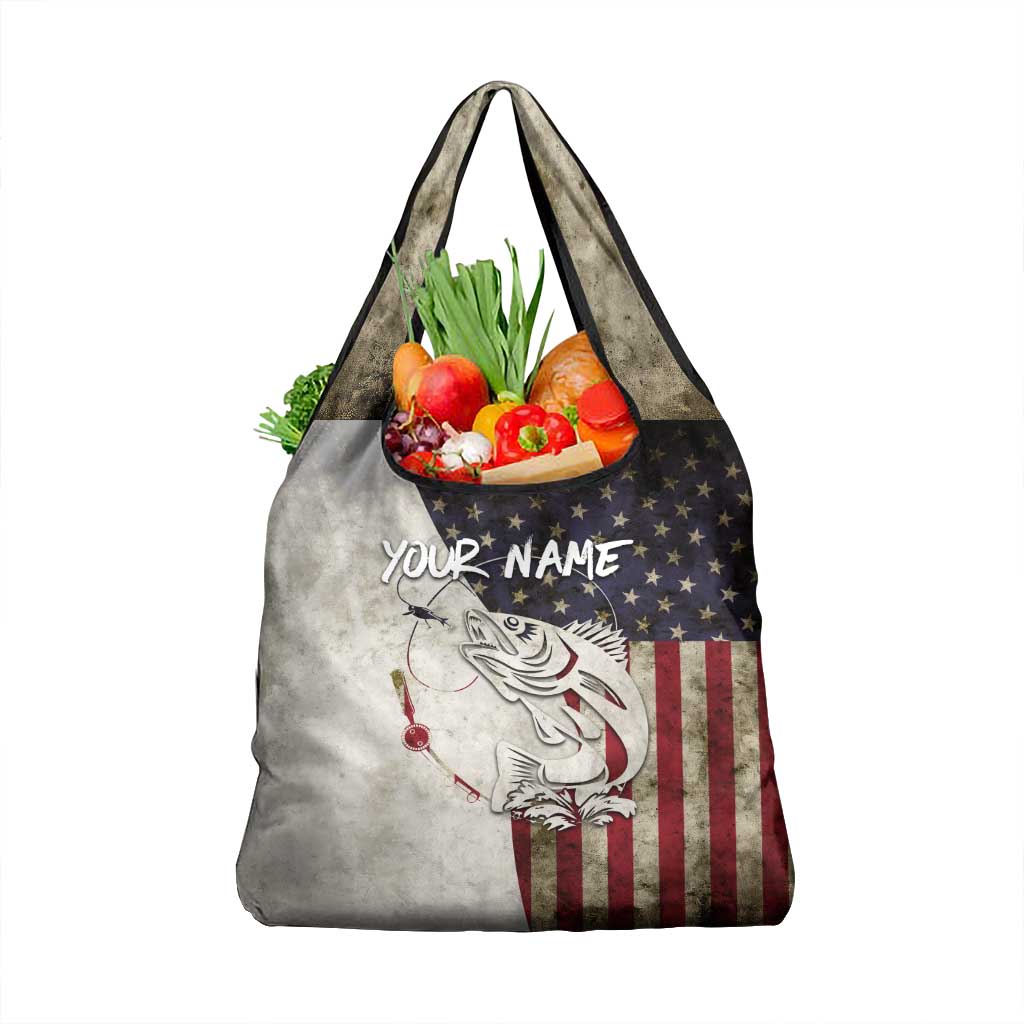 Walleye Fishing Grocery Bag American Flag Vintage Design and Custom Name Option - Wonder Print Shop