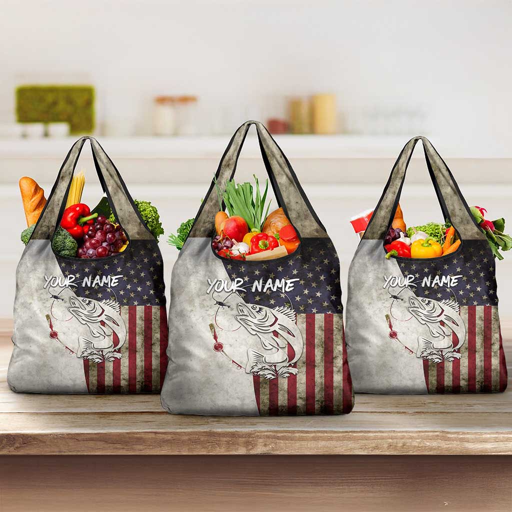 Walleye Fishing Grocery Bag American Flag Vintage Design and Custom Name Option - Wonder Print Shop