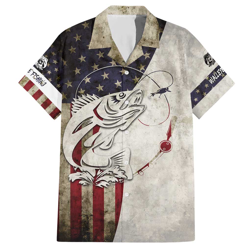 Walleye Fishing Hawaiian Shirt American Flag Vintage Design and Custom Name Option - Wonder Print Shop