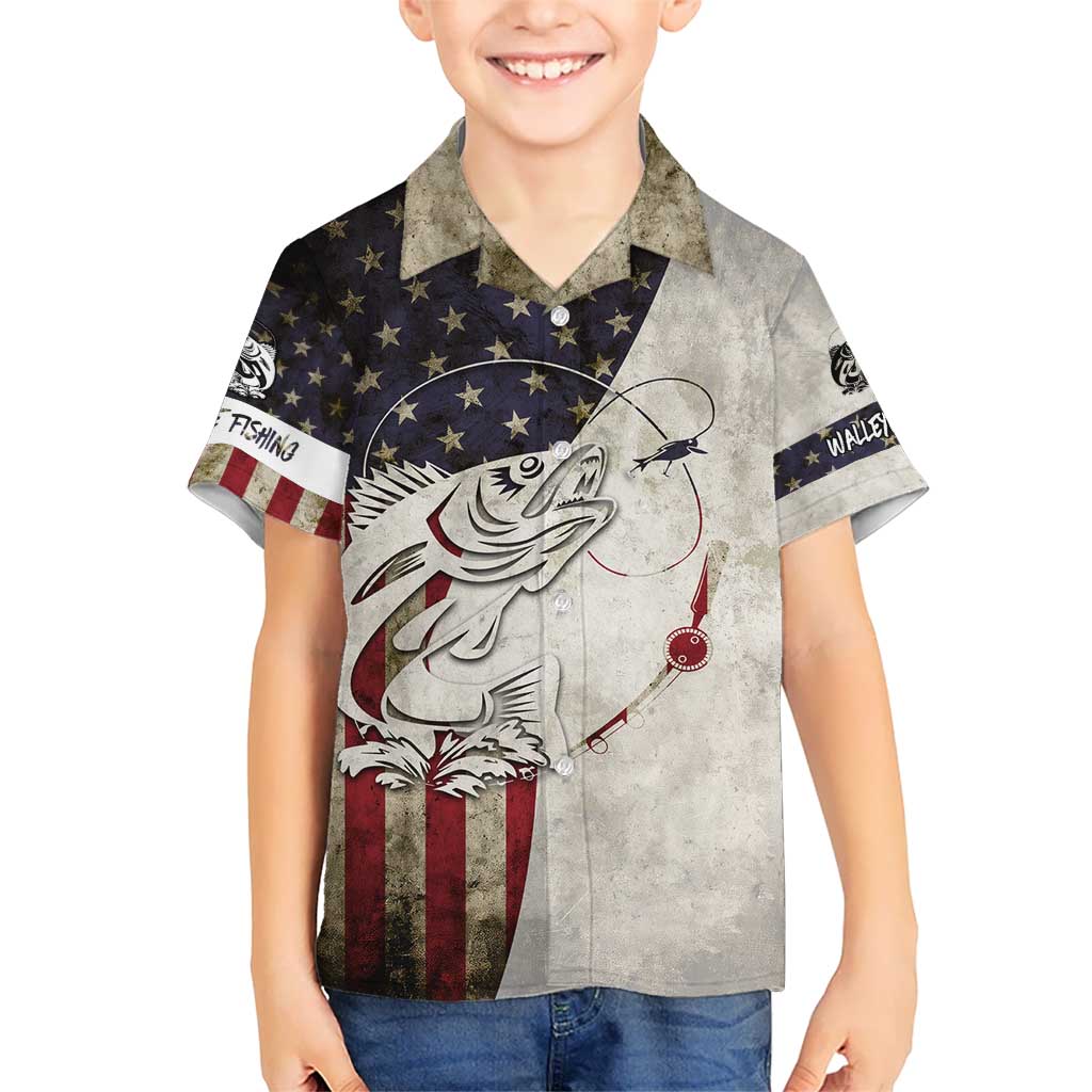 Walleye Fishing Hawaiian Shirt American Flag Vintage Design and Custom Name Option - Wonder Print Shop