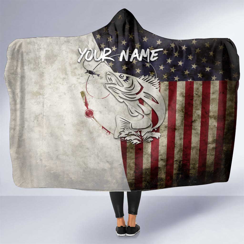 Walleye Fishing Hooded Blanket American Flag Vintage Design and Custom Name Option - Wonder Print Shop