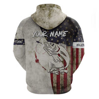 Walleye Fishing Hoodie American Flag Vintage Design and Custom Name Option - Wonder Print Shop