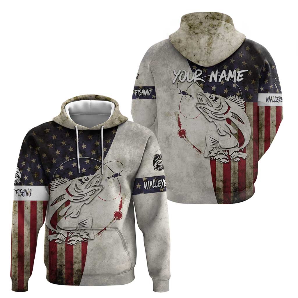 Walleye Fishing Hoodie American Flag Vintage Design and Custom Name Option - Wonder Print Shop